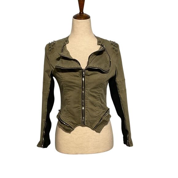 HL Women's Studded Zip Up Jacket Moto Cropped Punk Biker Rocker - Picture 1 of 13